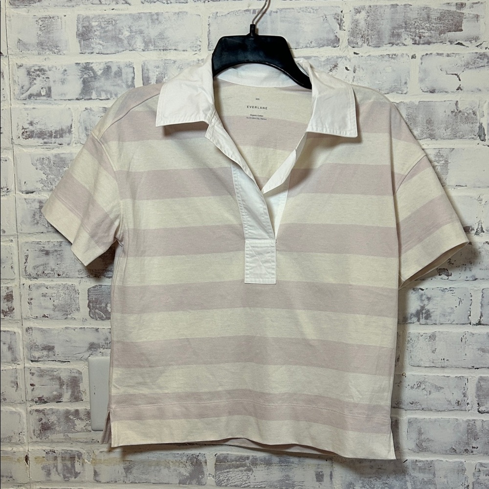 Everlane Women’s Xxs Polo Shirt Boxy Crop Organic Cotton S/S Purple Cream Stripe